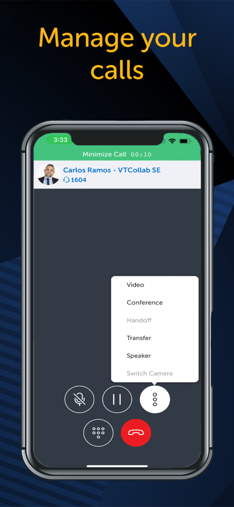 MiCollab for Mobile - MiCollab for Mobile interface showing an active call with management options including video conference and transfer