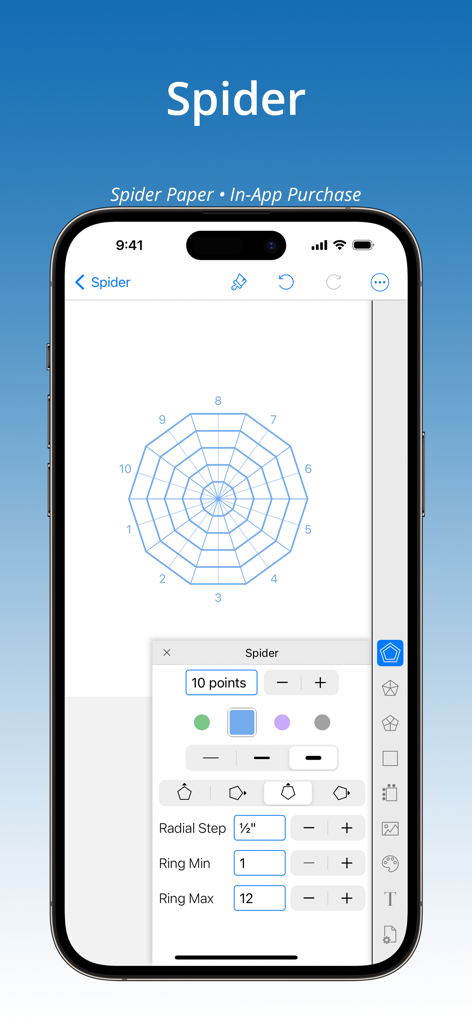 GridMaker - Interfaz de la aplicación GridMaker que muestra las opciones de personalización para papel de cuadrícula radial tipo araña