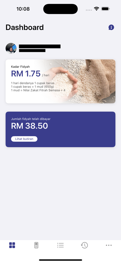 eFidyah - Dashboard of the eFidyah app displaying current fidyah rates and a summary of total payments made.