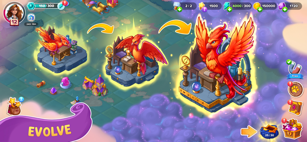 Três estágios de uma criatura fênix mágica evoluindo em Fable Town