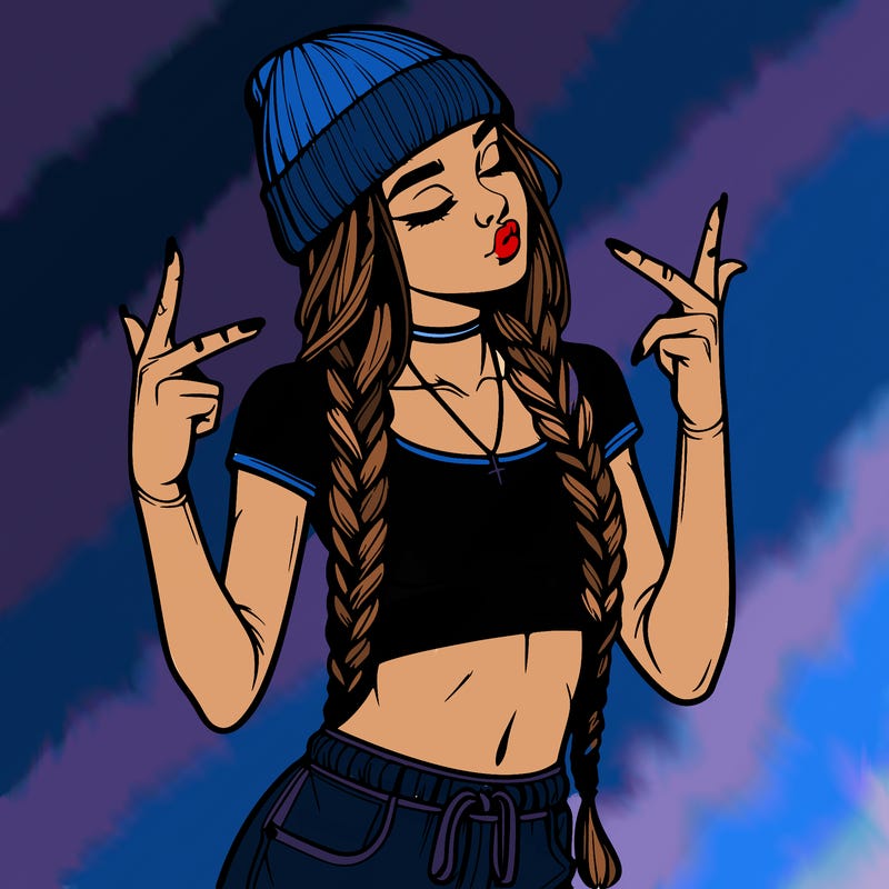 realistic teenage girl with braids and a beanie and crop top doing 🫶🏼