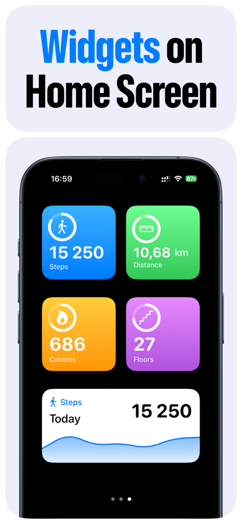 iPhone home screen displaying colorful widgets for tracking daily steps distance calories and floors