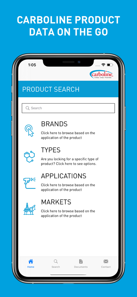 Product search screen of the Carboline mobile app for industrial coatings