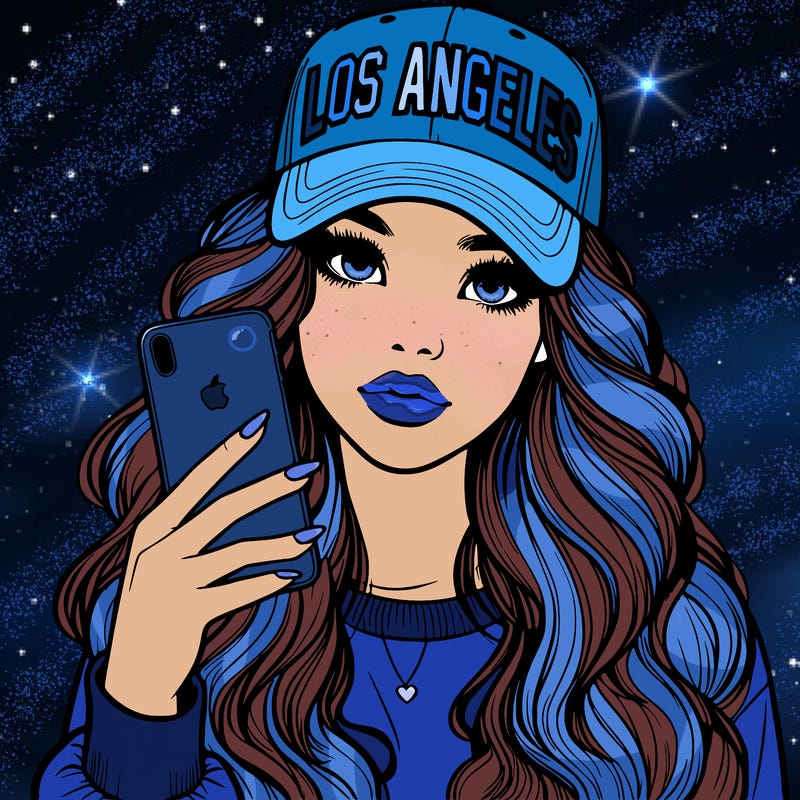 realistic beautiful girl wearing los ángeles cap holding an iphone