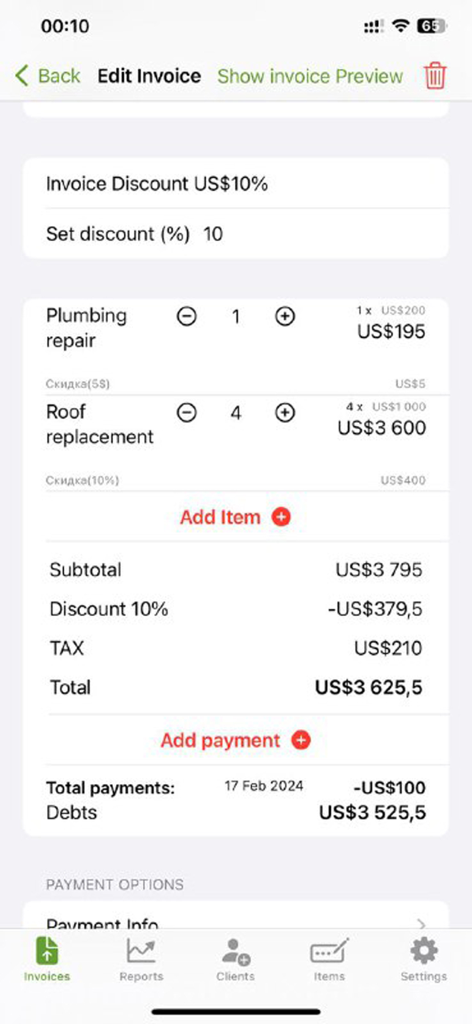 Invoice Pro Maker: PDF Billing - Screenshot of the edit invoice screen in the Invoice Pro Maker app showing service items and tax calculations
