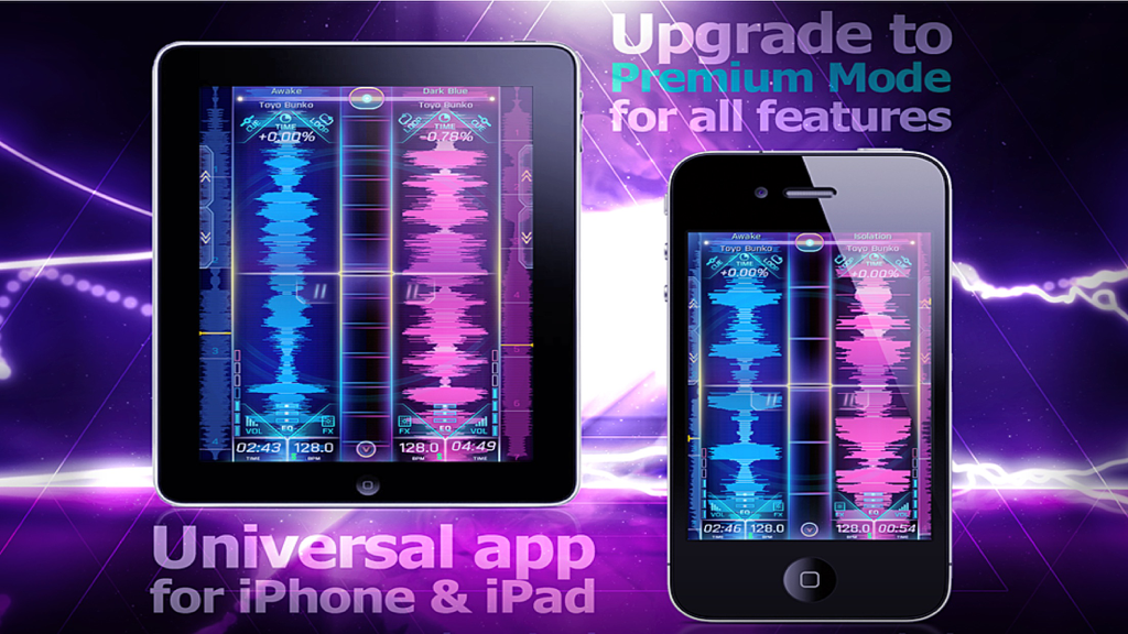 Touch DJ™ Evolution - Visual Mixing, Key Lock, AutoSync - Touch DJ Evolution visual mixing interface displayed on both iPhone and iPad screens