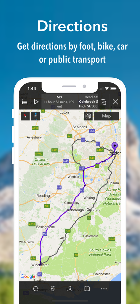 iMaps+ for Google Maps - iMaps plus app showing a navigation route from Winchester to London on an iPhone screen