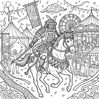 Experience a thrilling fusion of ancient warrior spirit and vibrant carnival energy with this unique coloring page. A majestic Mounted Samurai charges through a lively fairground, offering an exciting and detailed scene for all ages to enjoy.