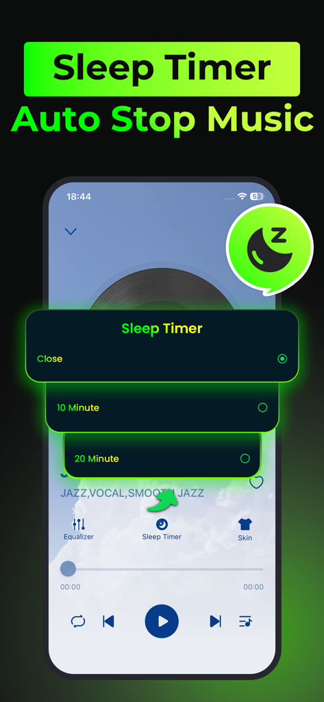 Interfaz de la aplicación Reproductor de Música sin conexión mostrando la función de temporizador para detener automáticamente la música.