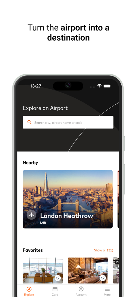Mastercard Airport Experiences app explore screen showing search bar nearby airport London Heathrow and favorite lounges