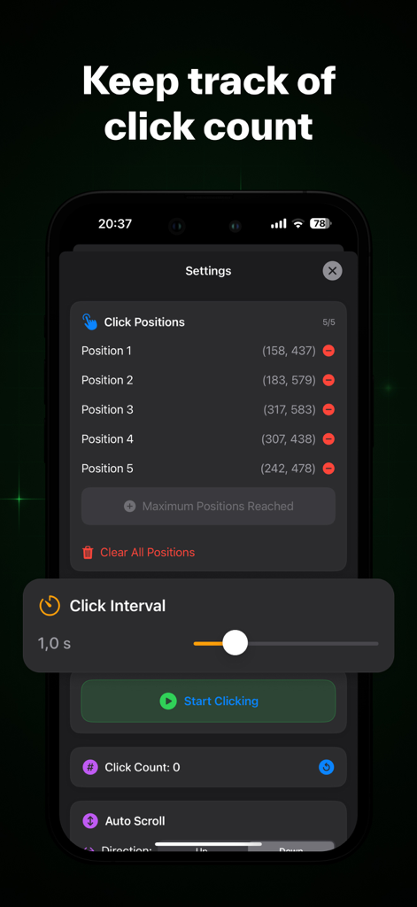 Auto Clicker: Tapper - Pantalla de configuración de Auto Clicker Tapper mostrando las coordenadas de posición del clic y el seguimiento del recuento de clics.