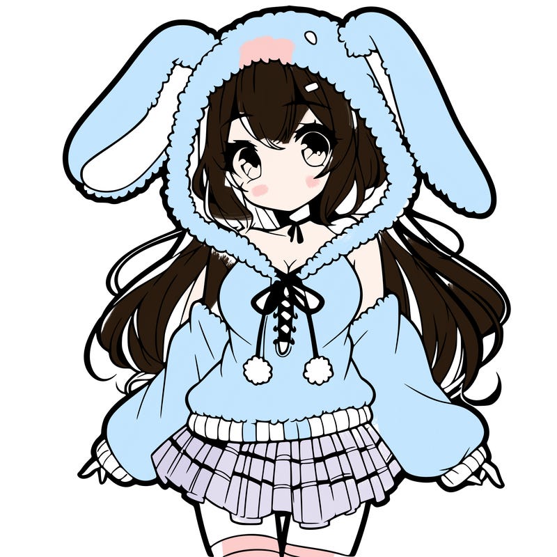 pretty anime girl wearing a fluffy hoodie with bunny ears on the hood and a skirt