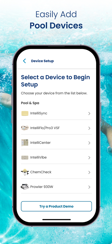 Pentair Pool - The device setup screen of the Pentair Pool app showing a list of compatible smart pool equipment