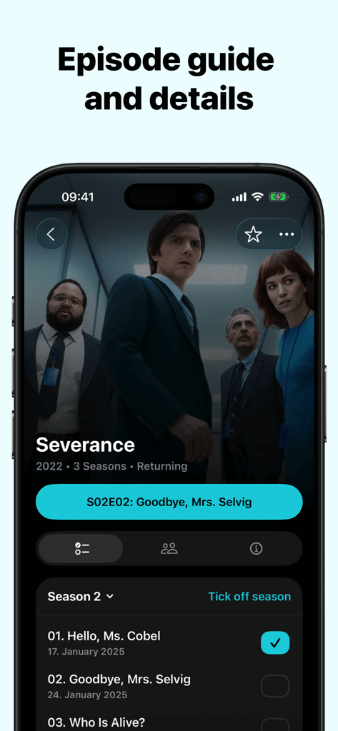 TV Show Tracker – CouchTimes - Interfaz de la aplicación CouchTimes mostrando una guía de episodios detallada y seguimiento del progreso de la serie de televisión Severance