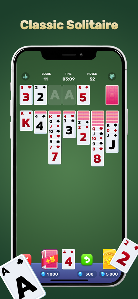 Solitaire Dream Manor：Renovate - Classic solitaire card game interface showing card columns and game statistics on a mobile device screen