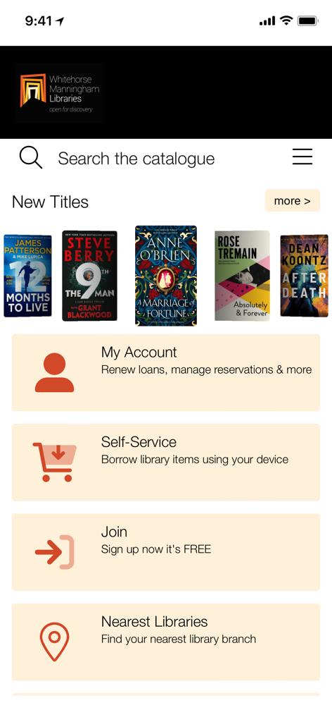 Whitehorse Manningham Library app dashboard with new titles and account features