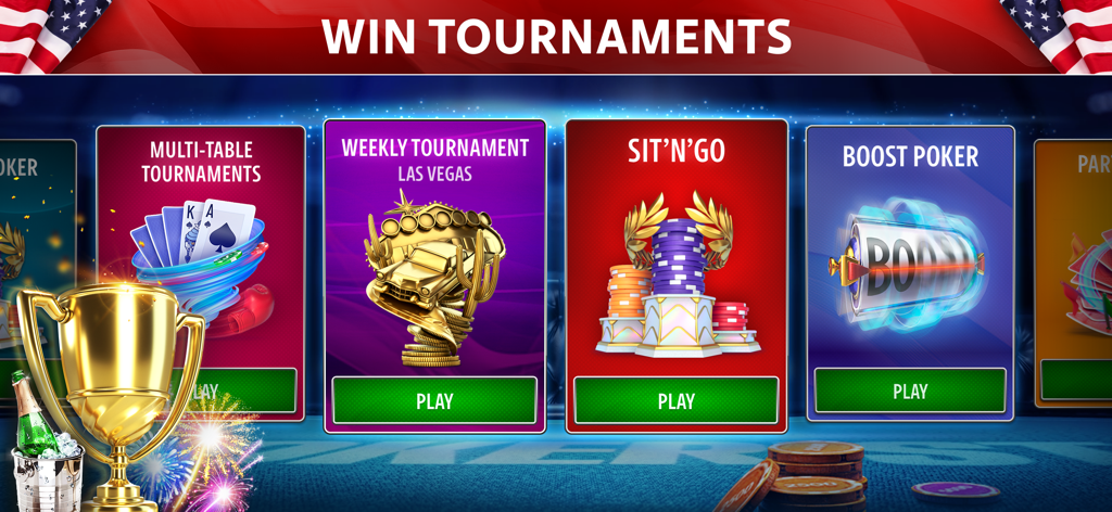 Texas Poker: Pokerist Pro - ポーカーリスト Pro アプリで、マルチテーブルウィークリーラスベガスやシットアンドゴーなどのさまざまなポーカー トーナメント オプションを表示するゲーム画面。