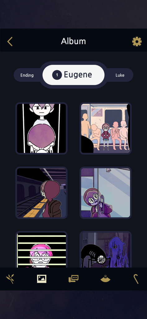 Underworld Office: Ghost Story - Underworld Office Ghost Story album menu showing collectible story illustrations for the character Eugene