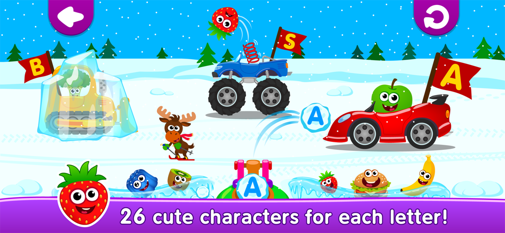 Gioco di apprendimento dell'alfabeto per la scuola materna con personaggi di cibo divertente e riconoscimento interattivo delle lettere