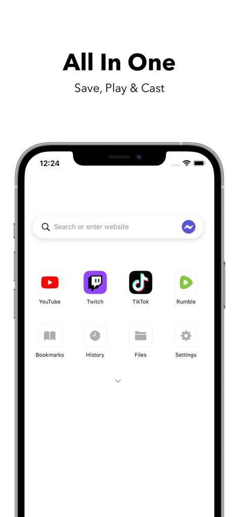 Video Lite app interface showing shortcuts to YouTube Twitch TikTok and Rumble with a search bar
