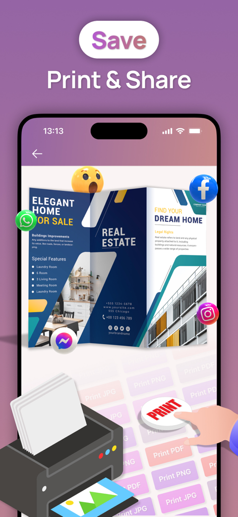 Brochure Maker : Catalog Maker - A mobile app interface showing a tri-fold real estate brochure with options to print and share