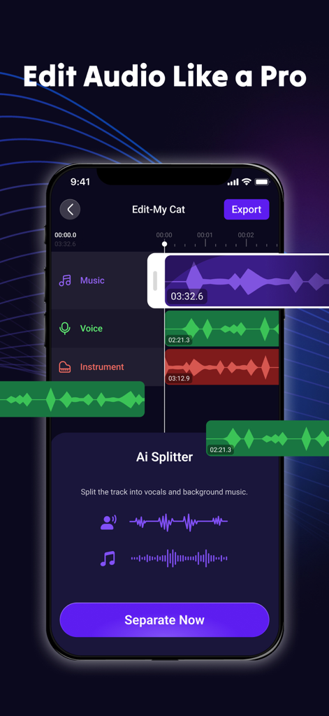Interfaz de la aplicación Rythmix que muestra la herramienta AI Splitter para separar las pistas vocales y de música de fondo