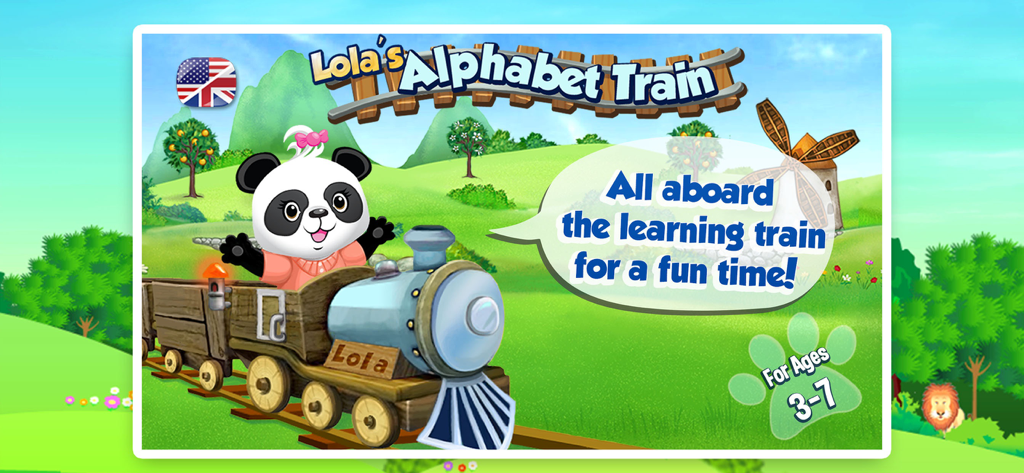 Lola Panda driving a learning train in a colorful landscape for children aged 3 to 7