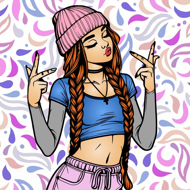 realistic teenage girl with braids and a beanie and crop top doing 🫶🏼