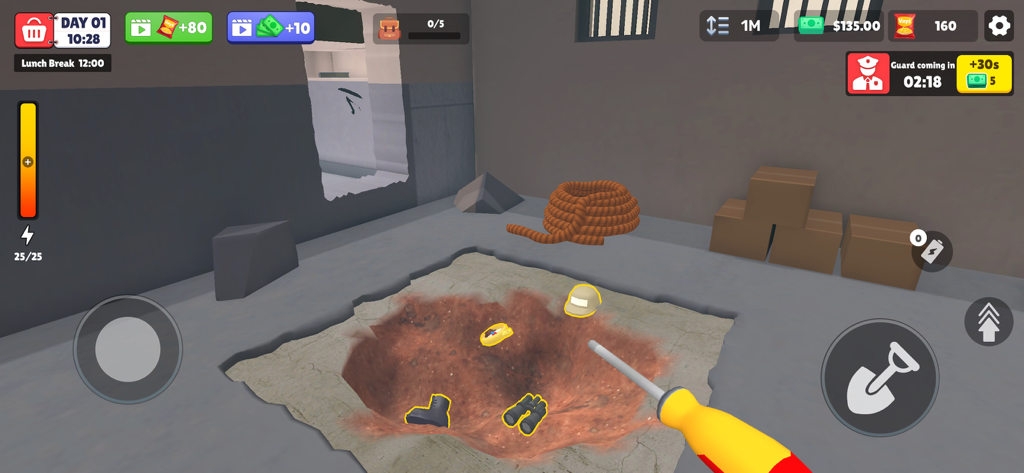 Excaper: Prison Escape - Vista en primera persona de un jugador cavando un agujero en el suelo de una celda de prisión para encontrar objetos ocultos como botas y binoculares.