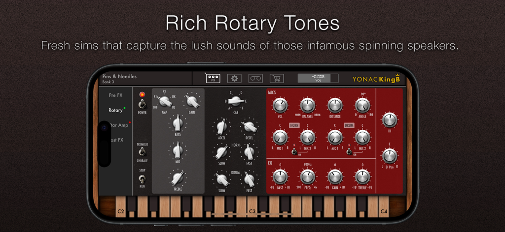 KingB Organ - Interface of the KingB Organ app showing rotary speaker simulation settings with microphone and EQ controls