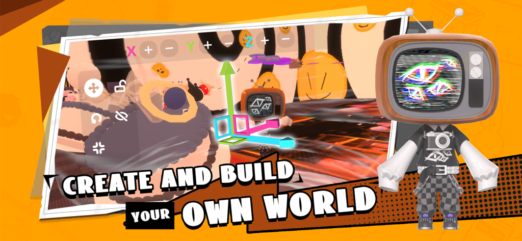 Uma captura de tela do aplicativo BUD mostrando a interface de construção de mundo 3D com um avatar personalizado com cabeça de TV.