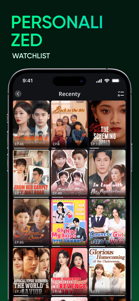 Reelala mobile app interface displaying a personalized watchlist of short-form romantic and dramatic series