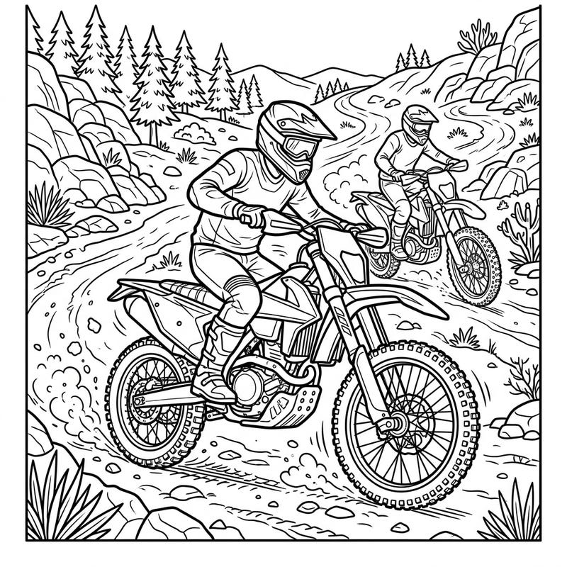 Get ready for an adrenaline rush with this exciting off-road motorcycle coloring page. Perfect for dirt bike enthusiasts, it captures the thrill of navigating rugged terrain.