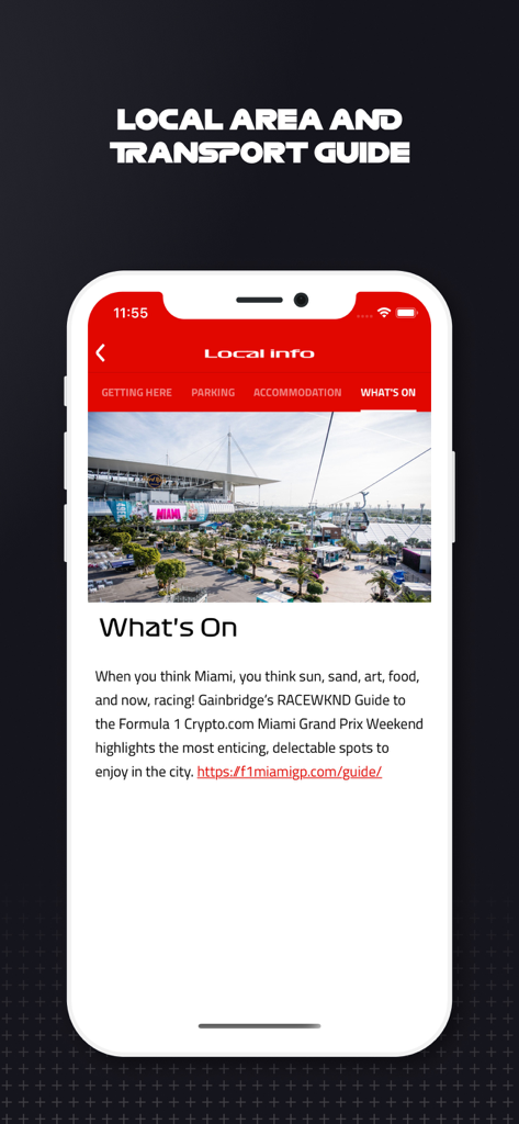 F1 Race Guide - Screenshot of the F1 Race Guide app showing local area information and transport details for the Miami Grand Prix