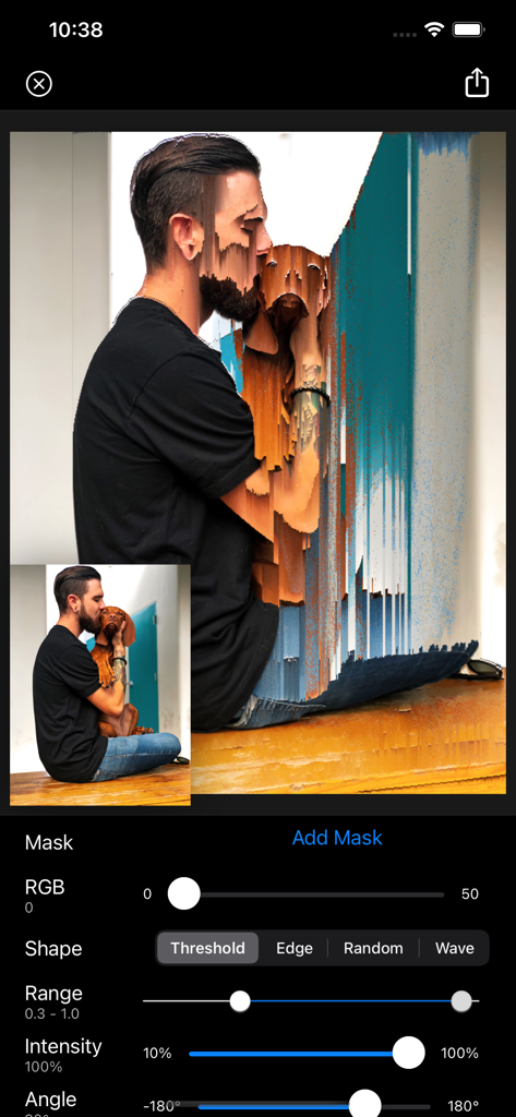 Glitch Fx - Pixel Sorting - Foto de un hombre y un perro siendo editada con un efecto de glitch de clasificación de píxeles en la aplicación Glitch Fx