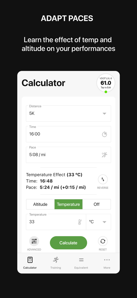 VDOT Running Calculator - VDOT Running Calculator app screen showing pace adjustment for temperature