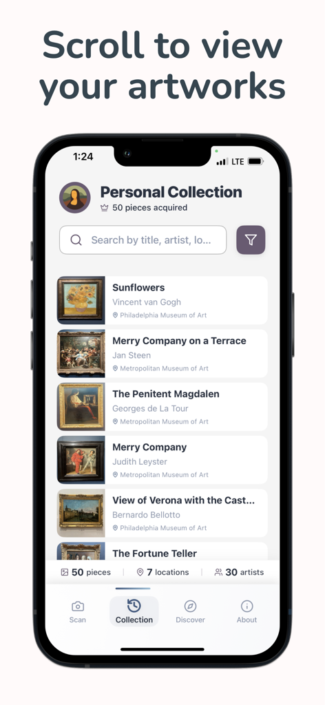 A user's personal art archive in the ArtScan AI app showing identified paintings organized by artist and museum.