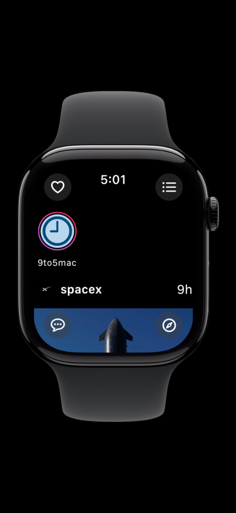 Lens app interface on Apple Watch displaying an Instagram post from SpaceX