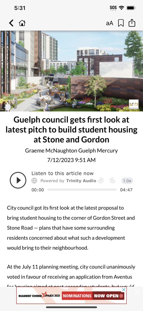 Guelph Mercury Tribune app showing a local news article about student housing development