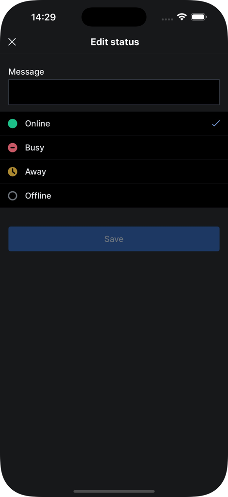 Shqiperia Chat - Shqiperia Chat app edit status screen showing online busy and away availability options
