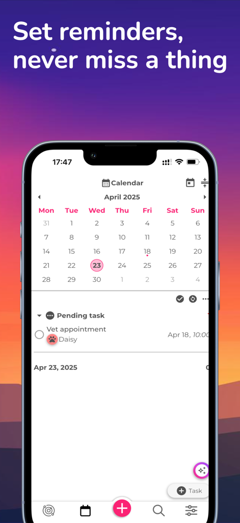 Glim: Social Space - Glim app calendar interface showing a scheduled vet appointment and task reminders
