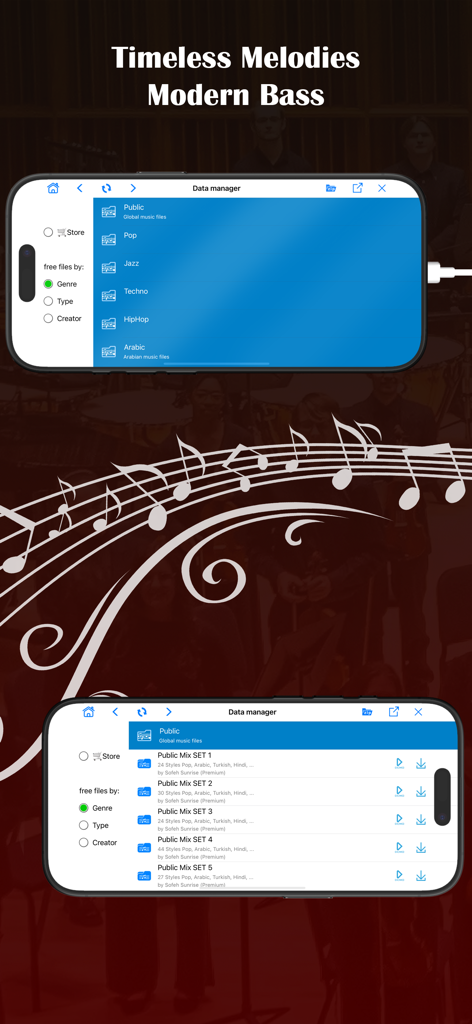 ORG 24: Your Music - ORG 24 App-Oberfläche, die den Datenmanager mit verschiedenen Musikgenres und herunterladbaren Sets wie Pop, Jazz und Arabisch anzeigt.