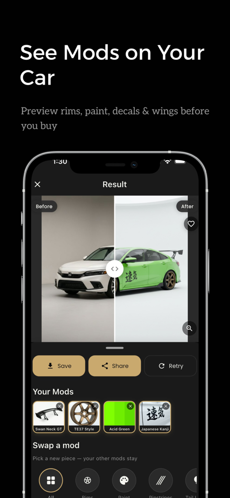 AutoMod: AI Car Customizer - Comparación del antes y después de un coche blanco transformado en un coche verde modificado usando AutoMod