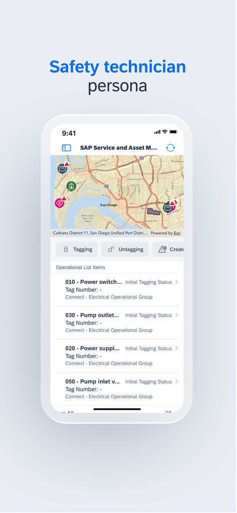 SAP Service and Asset Manager - Mobile Oberfläche von SAP Service and Asset Manager, die eine Karte mit Anlagenstandorten und eine Liste von operativen Aufgaben für einen Sicherheitstechniker anzeigt.