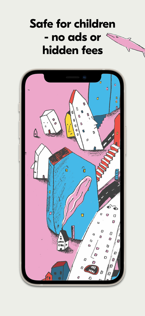 PIBOCO: kids books and stories - Whimsical animated story illustration in the PIBOCO app with text stating it is safe for children and ad-free.