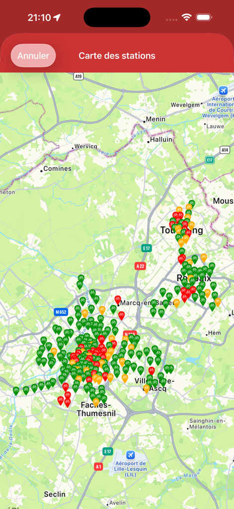 Carte affichant la disponibilité des stations de vélos dans l'application Simple V'Lille