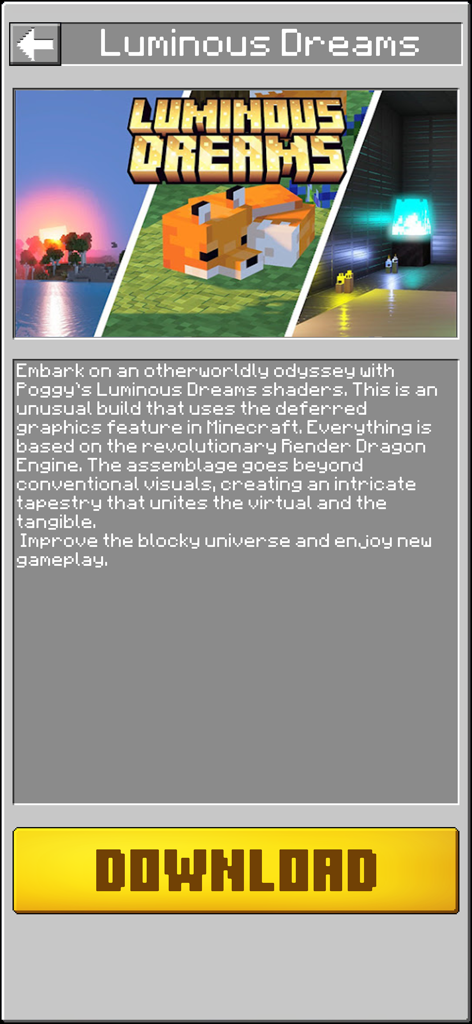 Anteprima e schermata di download del pacchetto di ombreggiature Luminous Dreams per Minecraft