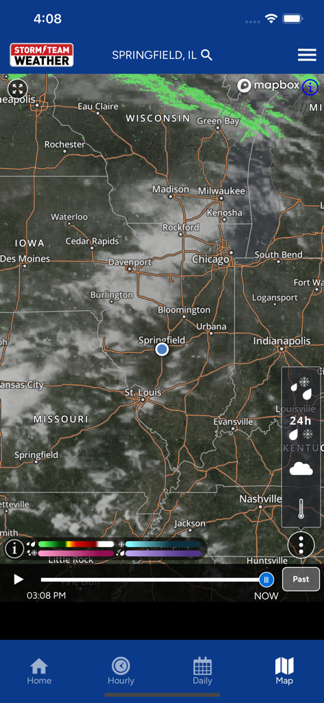WICS Storm Team Weather - WICS Storm Team Weather app displaying a high-resolution radar map centered on Springfield Illinois showing regional cloud cover and precipitation