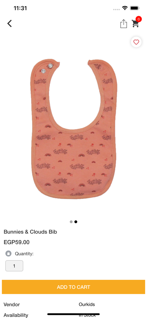 OurKids. - OurKids app interface showing the Bunnies and Clouds baby bib product page.