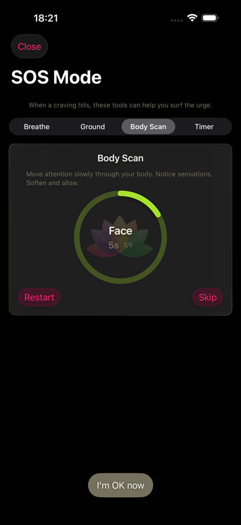 Simple Sober Tracker - A guided body scan exercise in the SOS Mode of the Simple Sober Tracker app to help users manage cravings.